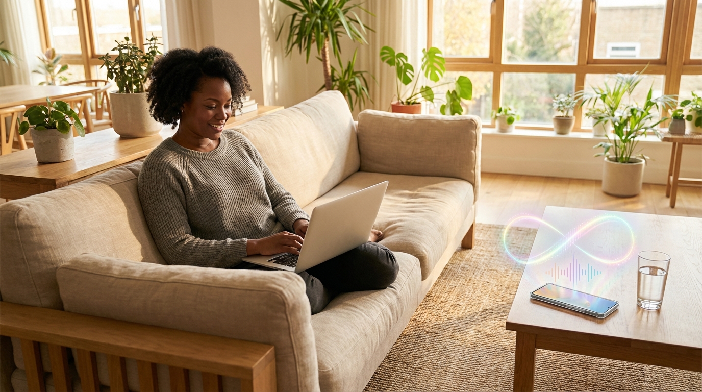 Woman on a couch with a laptop while her phone plays a Tune-Up
