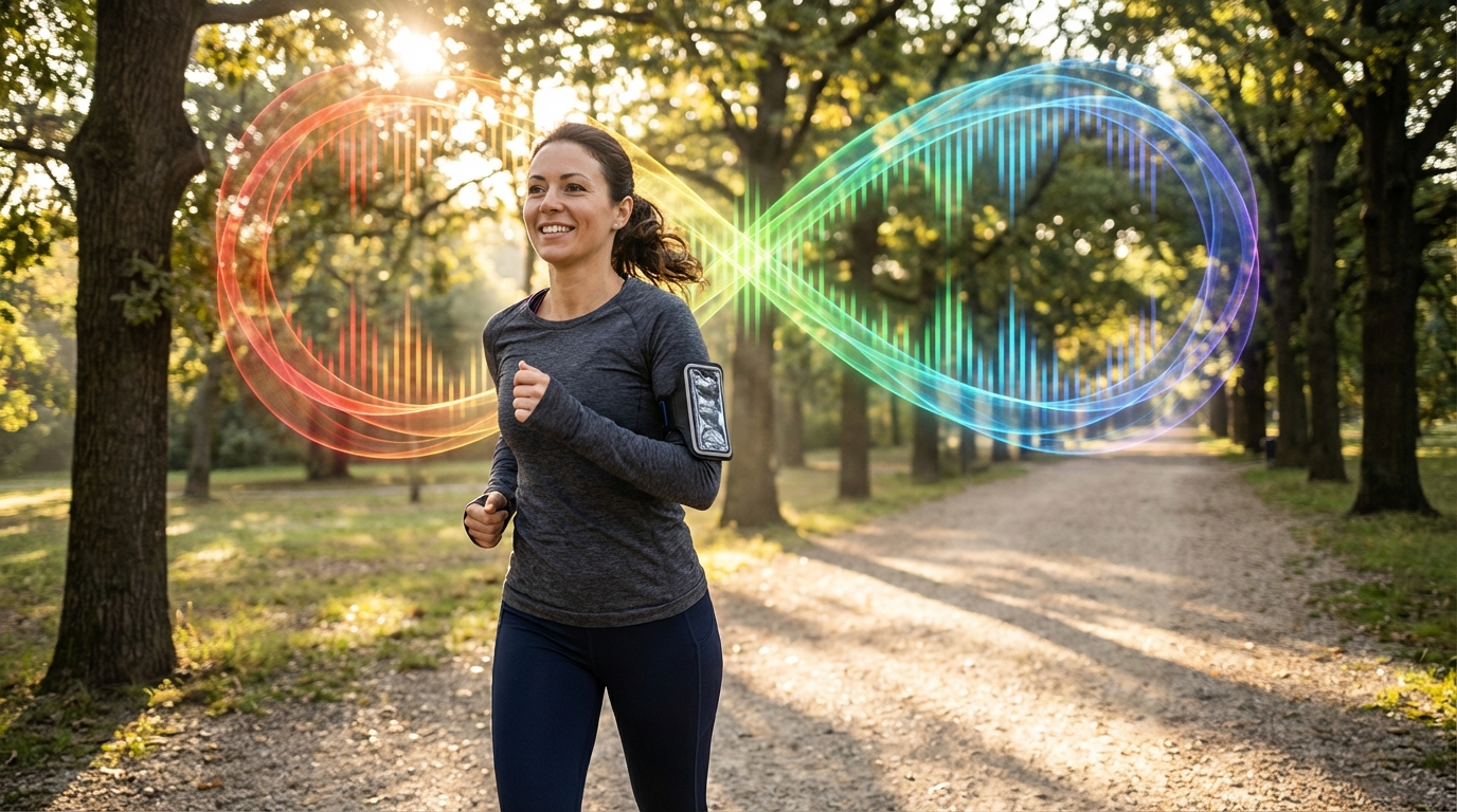 Man jogging on a wooded path with sound waves trailing from his armband player